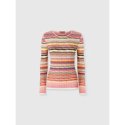 Missoni Striped Cotton And Viscose Ribbed Sweater With Long Sleeves In Pink