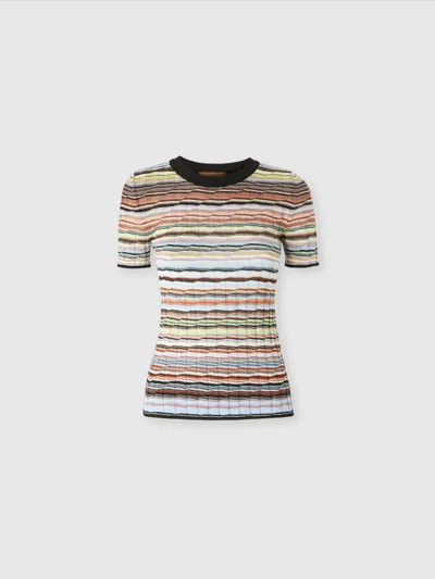 Missoni Striped Cotton And Viscose Ribbed Sweater With Three-quarter Sleeves In Blue