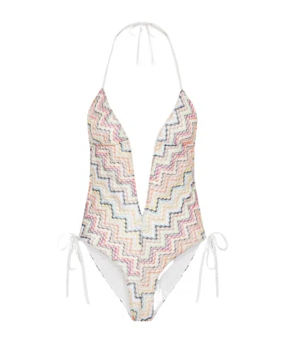 Missoni Striped Crochet-knit Halterneck Swimsuit In Multi