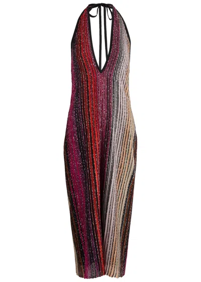 MISSONI MISSONI STRIPED EMBELLISHED METALLIC-KNIT MIDI DRESS