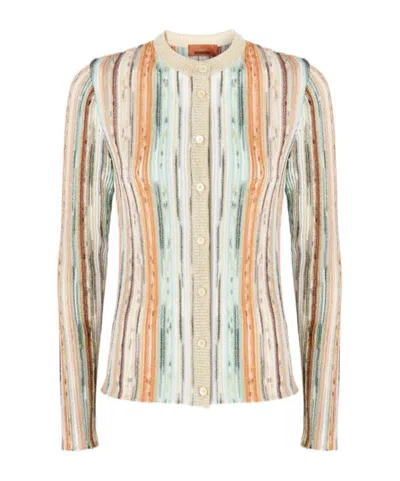 MISSONI MISSONI STRIPED LAMÉ SLUB CREWNECK CARDIGAN