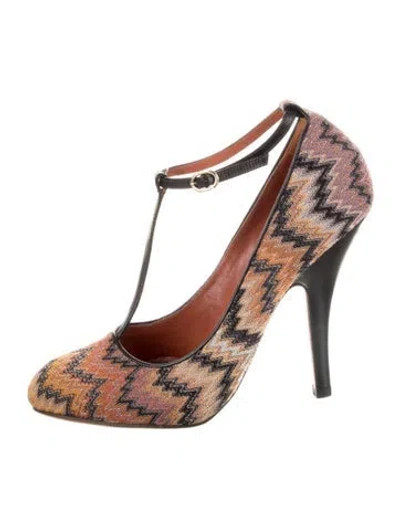 Pre-owned Missoni Striped Leather Trim Embellishment T-strap Pumps In Brown