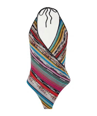 Missoni Striped Metallic Crochet-knit Halterneck Swimsuit In Multi