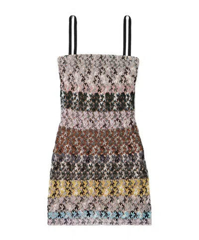 Missoni Striped Metallic Crochet-knit Mini Dress In Brown