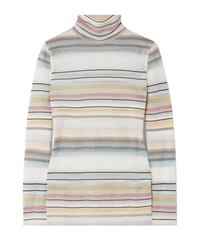 Missoni Striped Metallic Crochet-knit Turtleneck Sweater In White