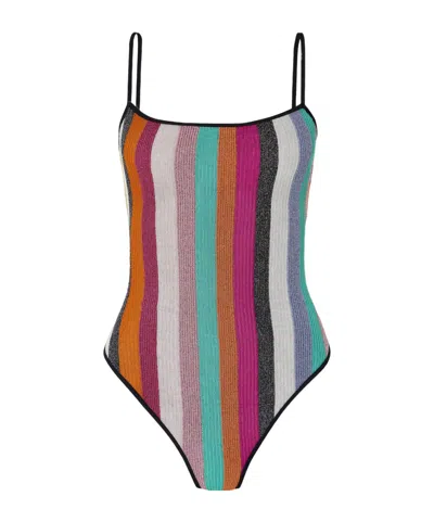 Missoni Striped Metallic Ribbed Crochet-knit Swimsuit In Multi