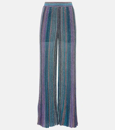 Missoni Sequin-embellished Metallic Striped Knitted Wide-leg Pants In Blue