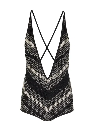 Missoni Striped Open-back Mesh Swimsuit In Black