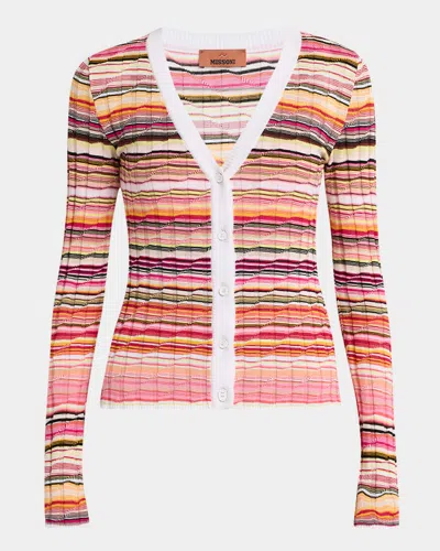 Missoni Striped Rib V-neck Fitted Cardigan In Pink