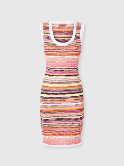 Missoni Striped Ribbed Cotton And Viscose Mini-dress With Contrasting Piping In Pink