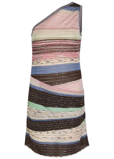 Missoni Striped Ruched Metallic-knit Mini Dress In Multi