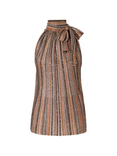 Missoni Striped Tie Neck Top In Brown