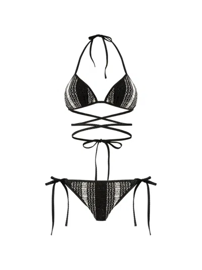 Missoni Mare Sequin-embellished Striped Metallic Crochet-knit Triangle Bikini In Black