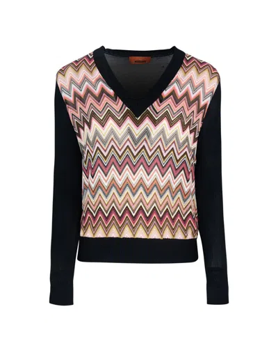 Missoni Viscose Blend Sweater With Chevron Insert And V-neck In Multicolour