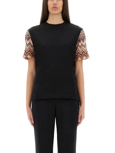 Missoni Black T-shirt With Zigzag Knitted Sleeves