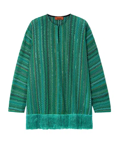 Missoni Fringed Sequin-embellished Metallic Crochet-knit Top In Green