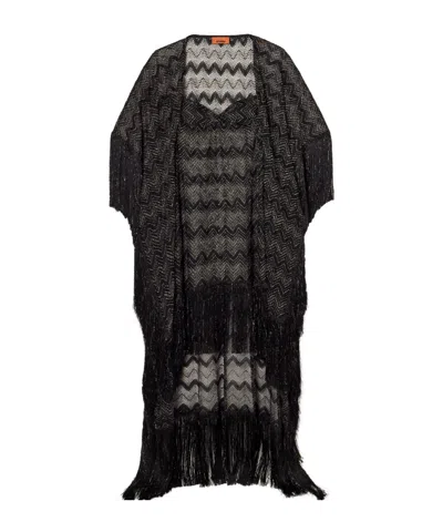Missoni Mare Fringed Striped Metallic Crochet-knit Kaftan In Black