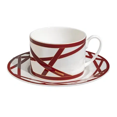 Missoni Tea Cup & Saucer Nastri Multicolor  Diam. 3.3", H 2.3", Cap. 7.5 Oz, Saucer Dim. 6" In Red