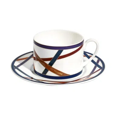Missoni Tea Cup & Saucer Nastri Set Of 2 In Luxury Box Multicolor Diam. 3.3in, H 2.3in, Cap. 7.5 Oz, In Orange;white;blue