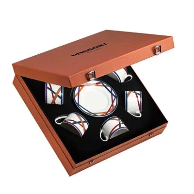 Missoni Tea Cup & Saucer Nastri Set Of 6 In Luxury Box Multicolor Diam. 3.3in, H 2.3in, Cap. 7.5 Oz, In Orange;white;blue
