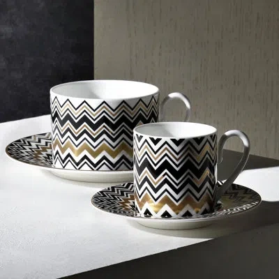 Missoni Tea Cup & Saucer Zig Zag Set Of 2 In Luxury Box Gold Diam. 3.3in, H 2.3in, Cap. 7.5 Oz, Sauc