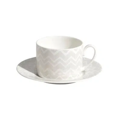 Missoni Tea Cup & Saucer Zig Zag Set Of 2 In Luxury Box White Diam. 3.3in, H 2.3in, Cap. 7.5 Oz, Sau