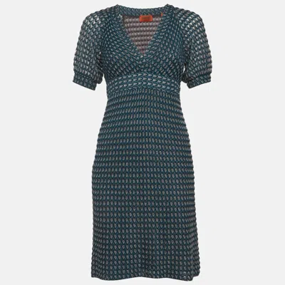 Pre-owned Missoni Teal/silver Crochet Mini Dress M In Blue