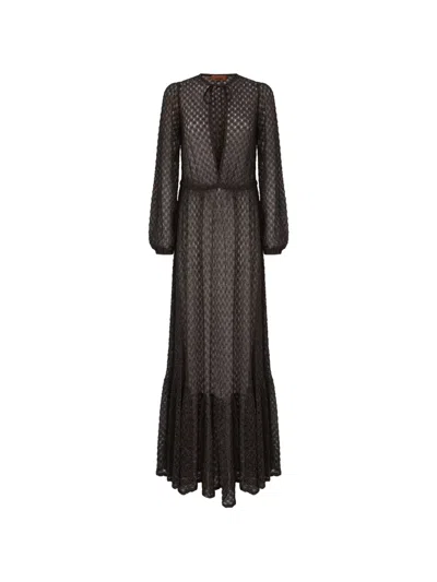 Missoni Tie-neck Long-sleeved Maxi Beach Dress In Brown
