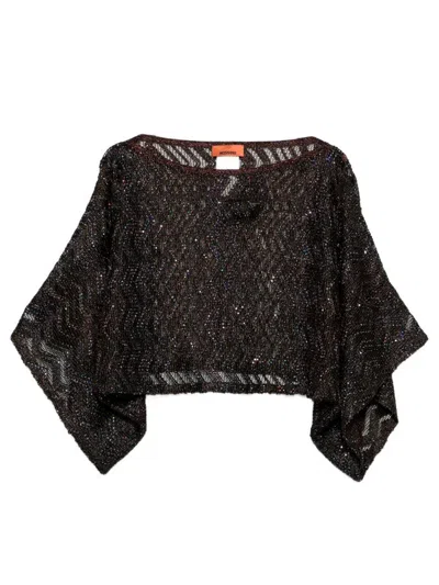 Missoni Cropped Top Wide Sleeves Sequin Sheer Zigzag In Black