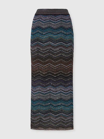 MISSONI Tube Viscose Chevron Lamé Long Skirt with Sequins