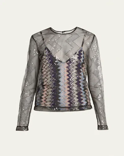 Missoni Tulle Sequined Chevron Double-layer Top In Multicolor Bla