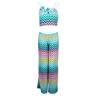 Pre-owned Missoni Unworn  Rainbow Metallic Crochet Knit Pants Crop Top Ensemble Set 42 In Blue