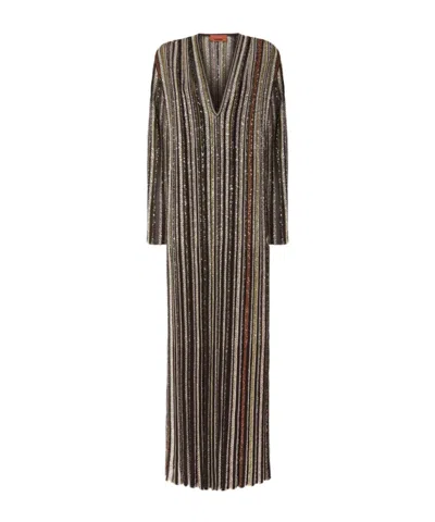 Missoni Long Dress With V-neck And Herringbone Stripe Knit In Multi