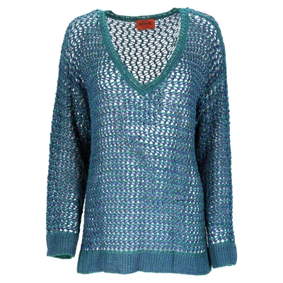 Missoni V-neck Knit Sweater In Turquoise Rayon In Blue