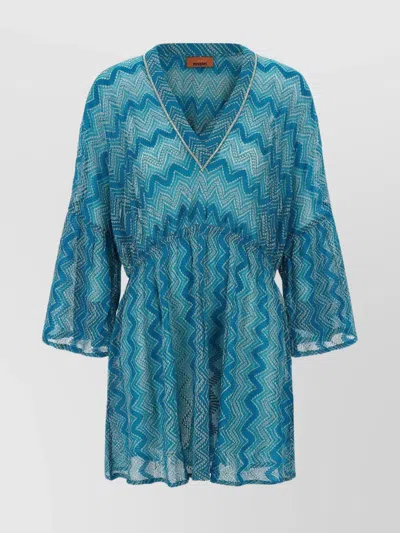 Missoni V-neck Knitted Dress Flared Sleeves In Blue
