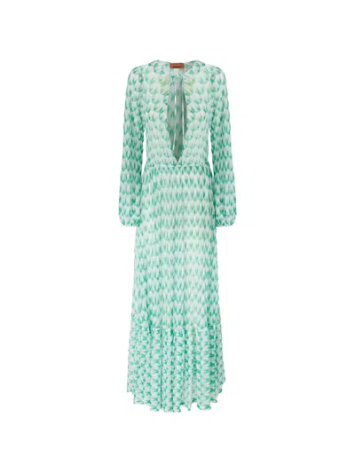 Missoni V-neck Patterned Beach Dress In Green