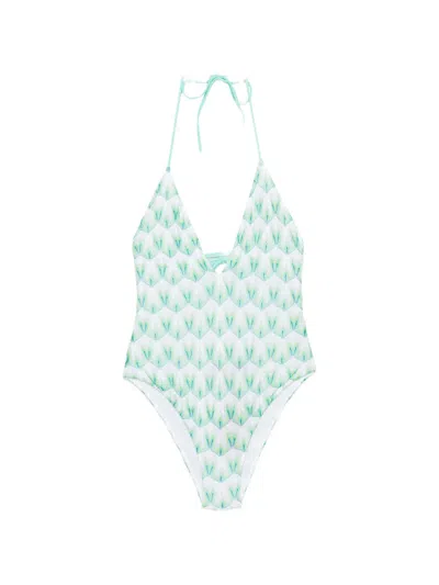 Missoni V-neck Patterned Swimsuit In Green