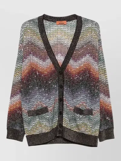 Missoni V Neck Sequin Knit Long Sleeve Cardigan In Multi