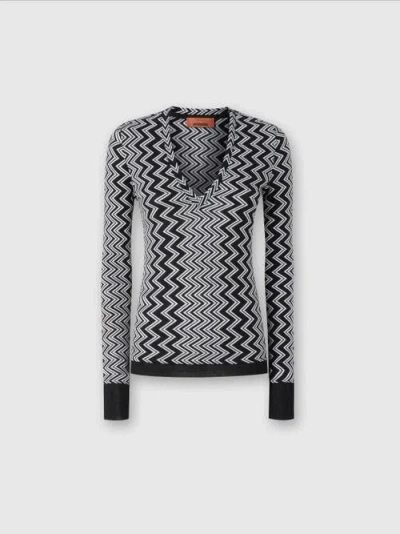 Missoni V-neck Sweater In Wool And Viscose Zig Zag In Black,white