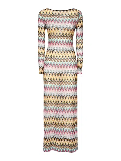 Missoni Multicolor Long Dress With All-over Zig Zag Motif In Yellow/pink