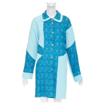 Pre-owned Missoni Vintage Blue Patchwork Knit Pointelle Boucle Lace Wool Coat It42 M