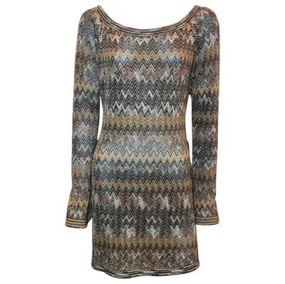 Pre-owned Missoni Vintage Earthtones Chevron Knitted Tunic-style Dress - S - Circa 70's In Gray