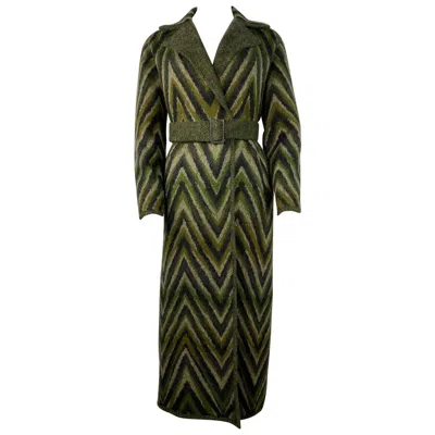 Pre-owned Missoni Vintage  Green Striped Wool Blend Maxi Coat Jacket, Size 40