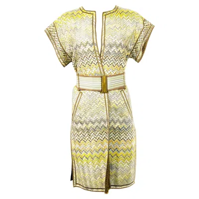 Pre-owned Missoni Vintage  Multi Color Coat Cover Up Mini Dress W/ Belt Size 42 In Sand