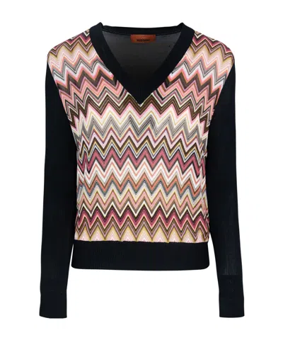 Missoni Viscose Blend Sweater With Chevron Insert And V-neck In Multicolour
