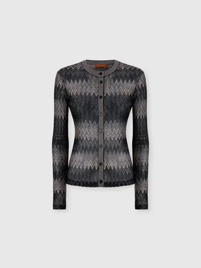 Missoni Viscose Lamé Chevron Crewneck Cardigan In Black