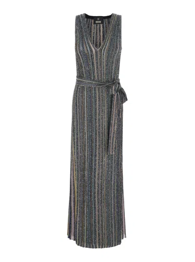 Missoni V-neck Sleeveless Sequin Long Dress With Waist Belt In Gray