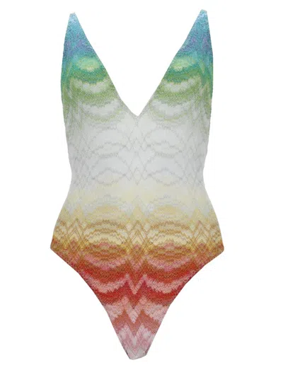 Missoni V-neck Viscose Blend Zigzag Lamé One-piece Swimsuit In Multicolour