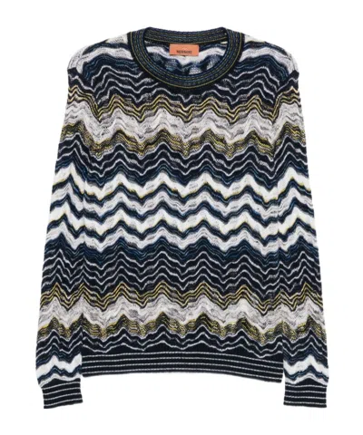 Missoni Wave Knit Crewneck Sweater In Navy