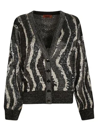 Missoni Wave Pattern Black Cardigan With Puff Sleeves And Deep V-neckline